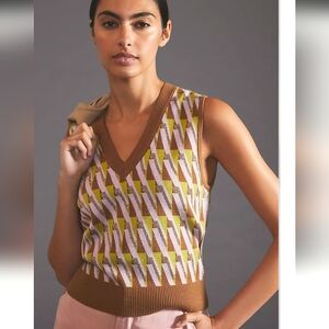 Maeve Geometric V-Neck Sweater in Brown and Yellow